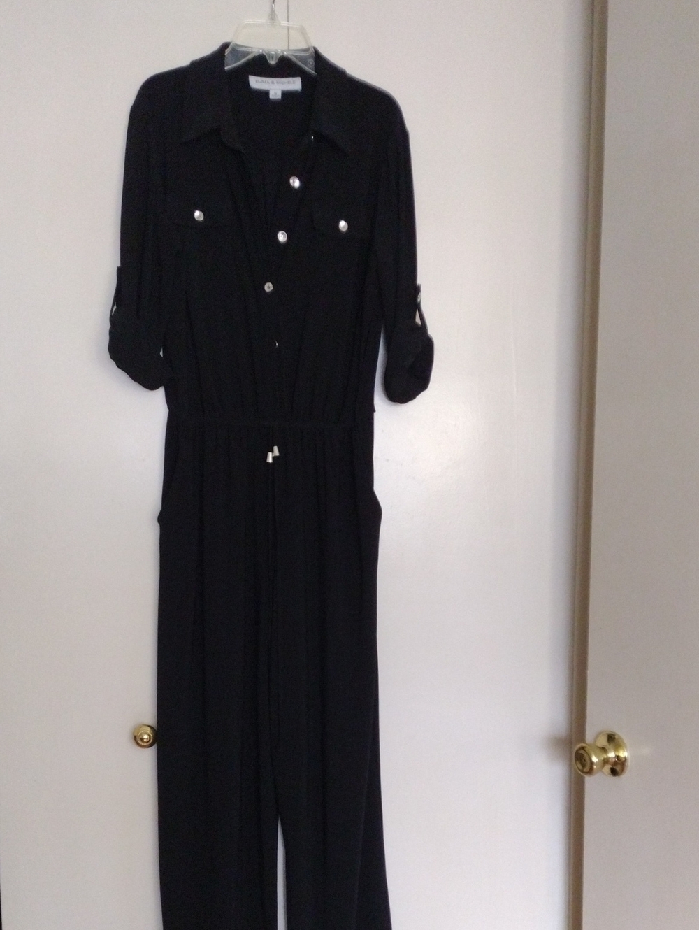 Emma & Michele Black Long-Sleeve Button-Front Jumpsuit with Drawstring Waist
